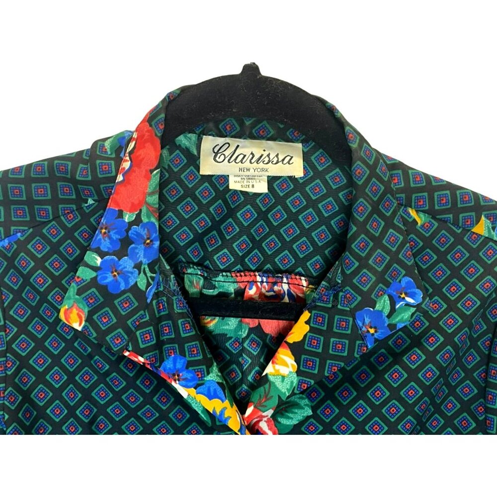 Vintage Clarissa Floral Black Button Up Blouse Shirt Womens Size 8 Secretary 80s - Picture 4 of 9